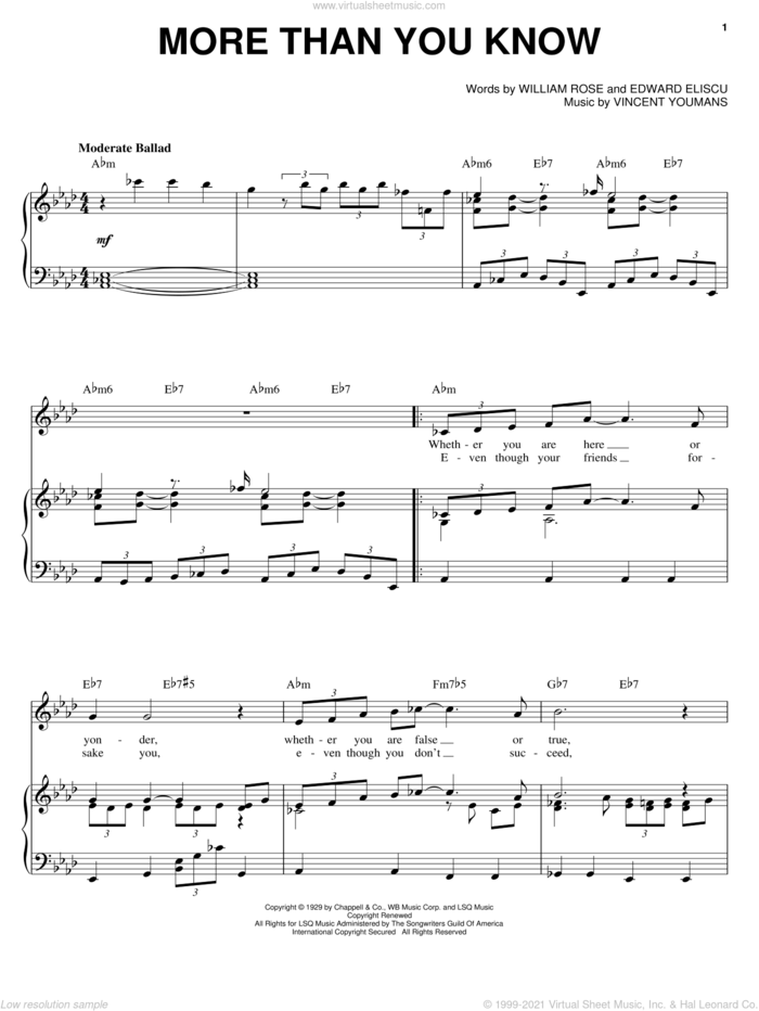 More Than You Know sheet music for voice and piano by Benny Goodman, Helen Morgan, Edward Eliscu, Vincent Youmans and William Rose, intermediate skill level