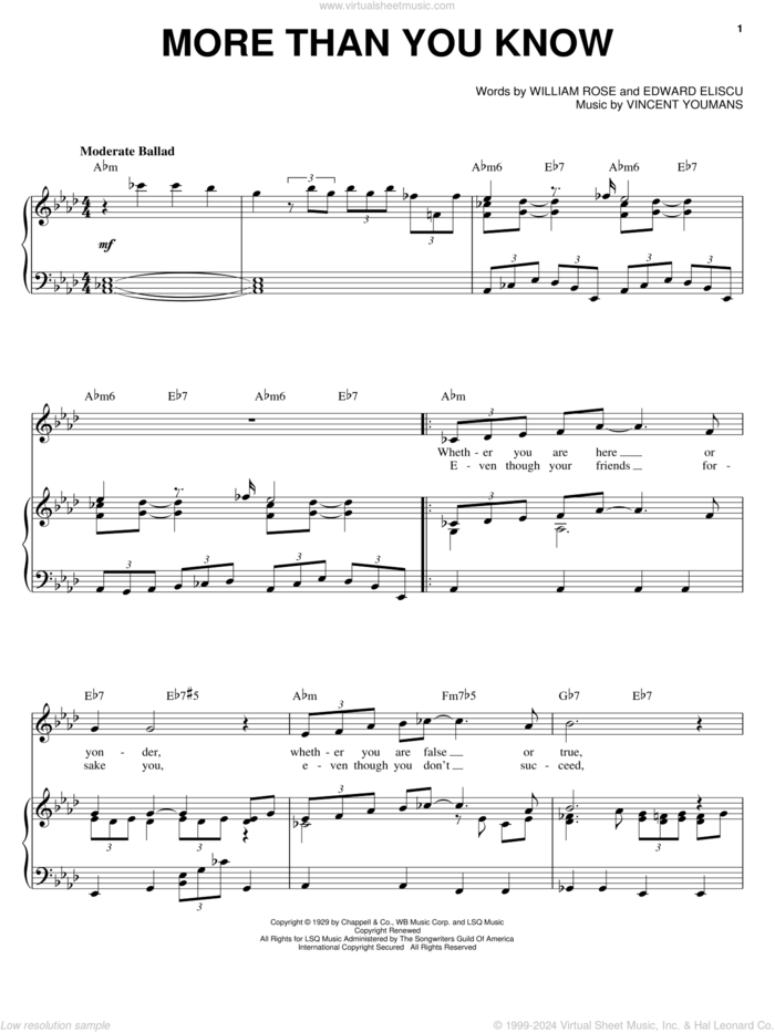 More Than You Know sheet music for voice and piano by Benny Goodman, Helen Morgan, Edward Eliscu, Vincent Youmans and William Rose, intermediate skill level