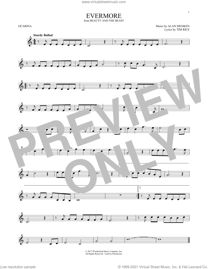 Evermore (from Beauty And The Beast) sheet music for ocarina solo by Alan Menken, Josh Groban and Tim Rice, intermediate skill level