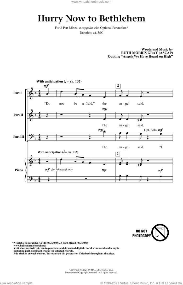 Hurry Now To Bethlehem (quoting 'Angels We Have Heard On High') sheet music for choir (3-Part Mixed) by Ruth Morris Gray, intermediate skill level