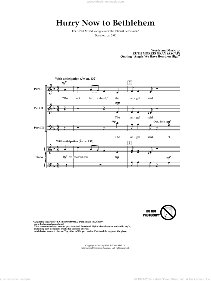 Hurry Now To Bethlehem (quoting 'Angels We Have Heard On High') sheet music for choir (3-Part Mixed) by Ruth Morris Gray, intermediate skill level