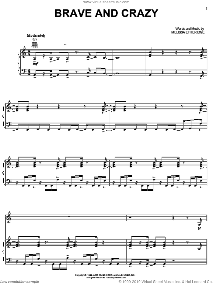 Brave And Crazy sheet music for voice, piano or guitar by Melissa Etheridge, intermediate skill level