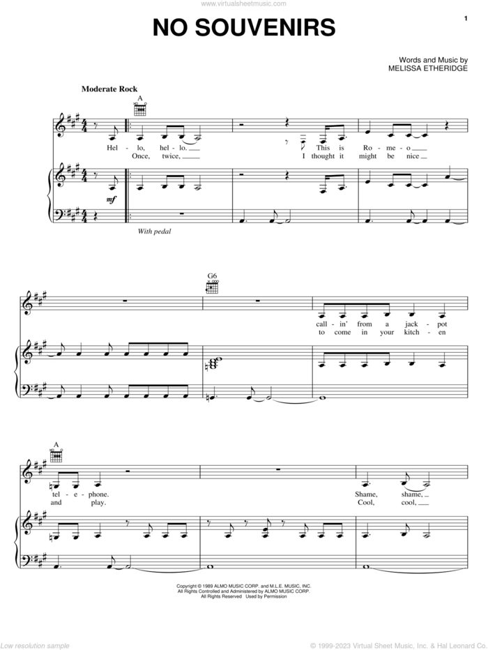 No Souvenirs sheet music for voice, piano or guitar by Melissa Etheridge, intermediate skill level