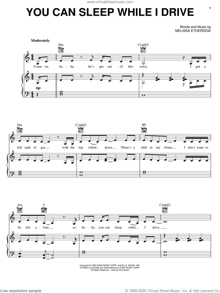 You Can Sleep While I Drive sheet music for voice, piano or guitar by Melissa Etheridge, intermediate skill level