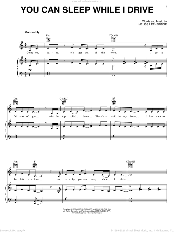 You Can Sleep While I Drive sheet music for voice, piano or guitar by Melissa Etheridge, intermediate skill level