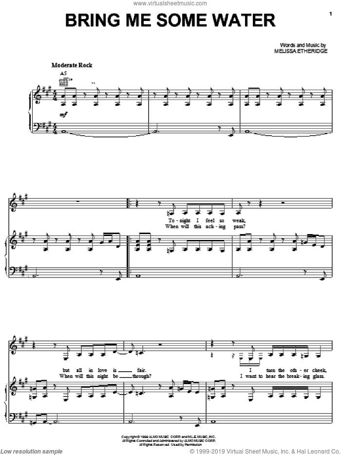 Bring Me Some Water sheet music for voice, piano or guitar by Melissa Etheridge, intermediate skill level
