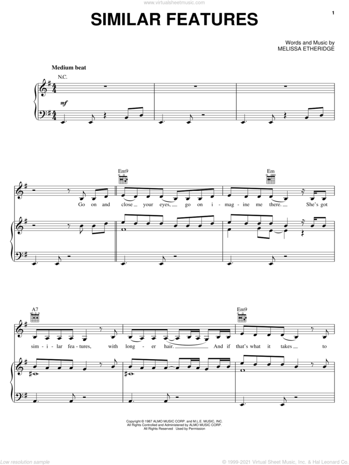 Similar Features sheet music for voice, piano or guitar by Melissa Etheridge, intermediate skill level