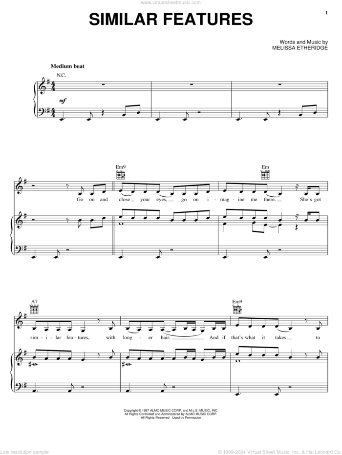 Similar Features sheet music for voice, piano or guitar by Melissa Etheridge, intermediate skill level