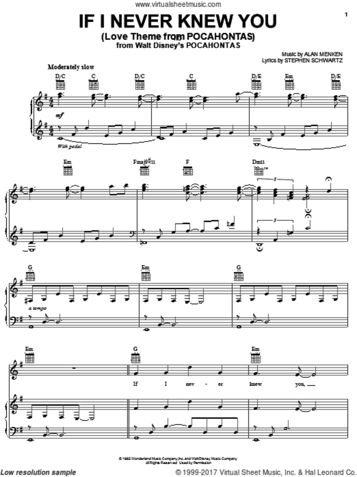 If I Never Knew You (End Title) (from Pocahontas) sheet music for voice, piano or guitar by Jon Secada and Shanice, Jon Secada, Shanice, Alan Menken and Stephen Schwartz, intermediate skill level