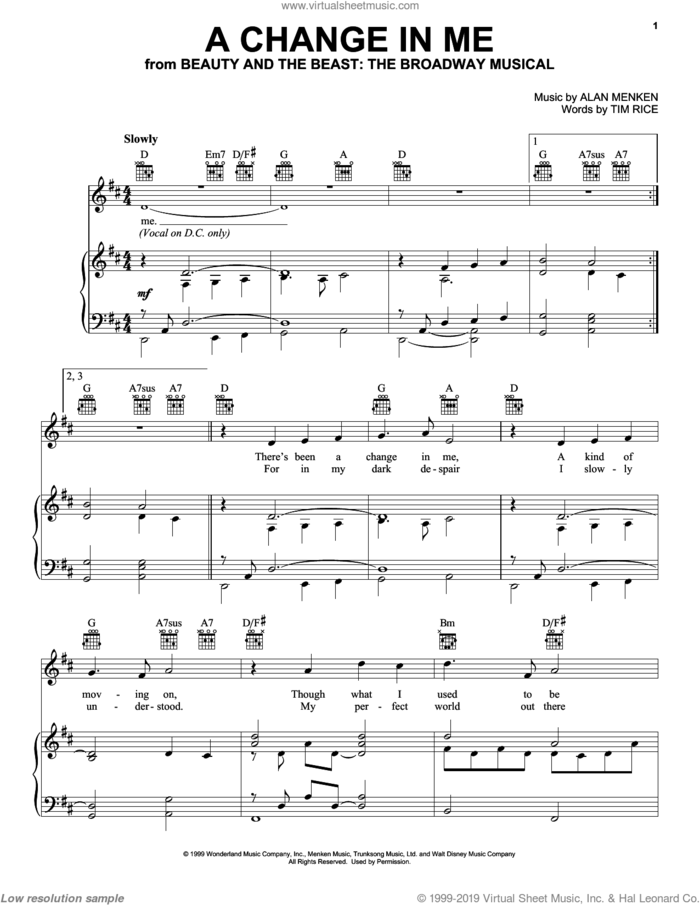 A Change In Me (from Beauty and the Beast: The Musical) sheet music for voice and piano by Alan Menken, Beauty And The Beast and Tim Rice, intermediate skill level