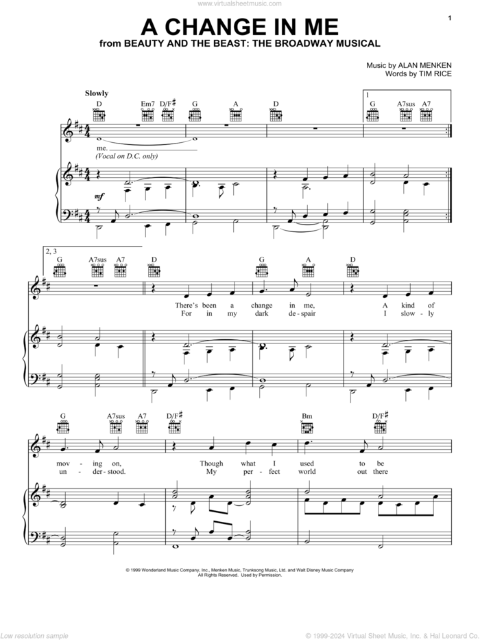 A Change In Me (from Beauty and the Beast: The Musical) sheet music for voice and piano by Alan Menken, Beauty And The Beast and Tim Rice, intermediate skill level