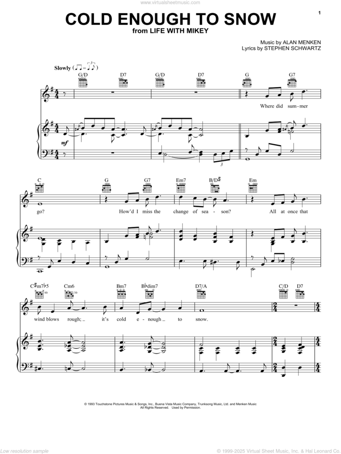 Cold Enough To Snow sheet music for voice, piano or guitar by Stephen Schwartz and Alan Menken, intermediate skill level