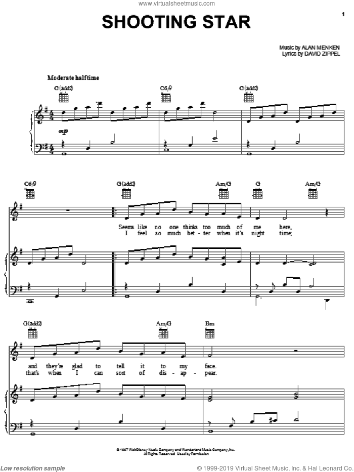 Shooting Star sheet music for voice, piano or guitar by David Zippel and Alan Menken, intermediate skill level