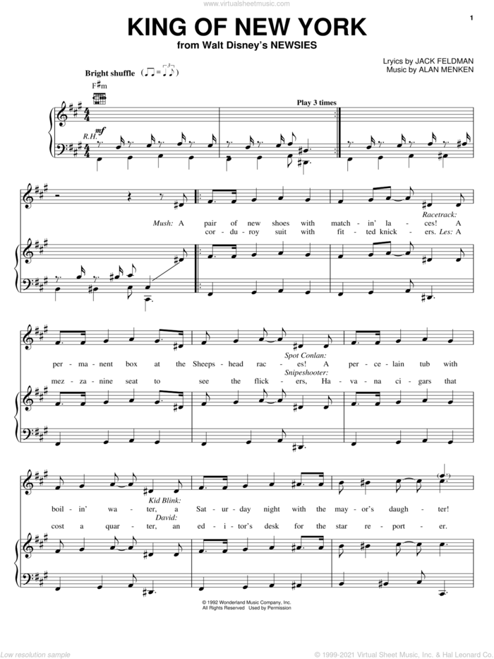 King Of New York sheet music for voice, piano or guitar by Jack Feldman, Newsies (Musical) and Alan Menken, intermediate skill level
