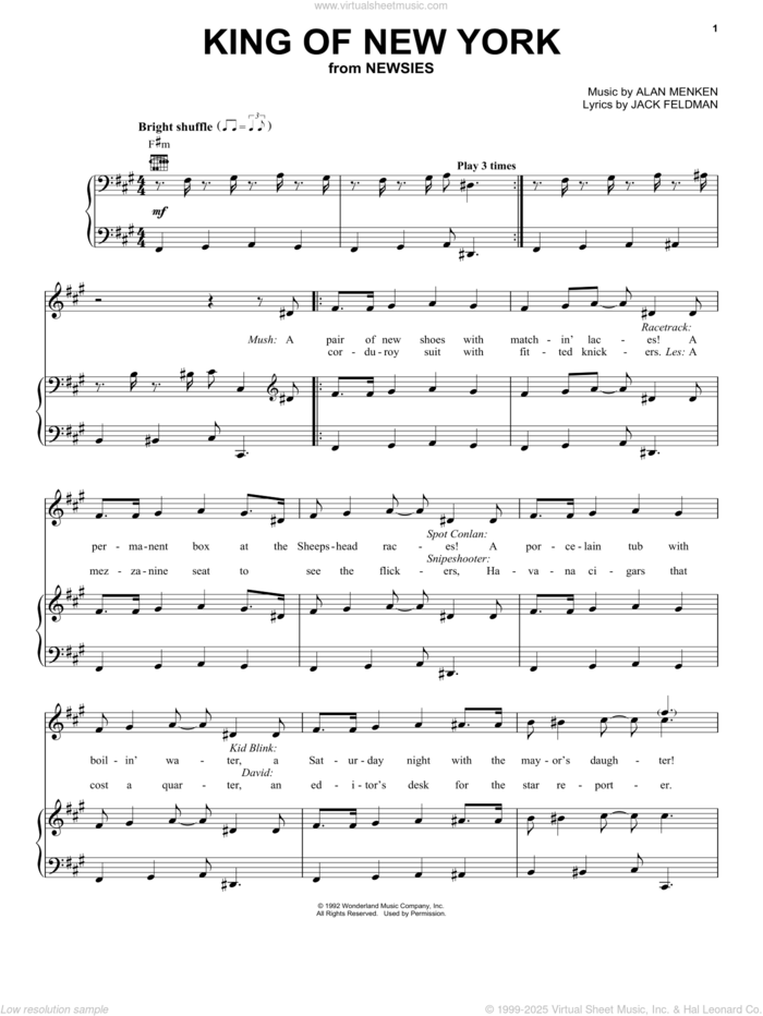 King Of New York sheet music for voice, piano or guitar by Jack Feldman, Newsies (Musical) and Alan Menken, intermediate skill level