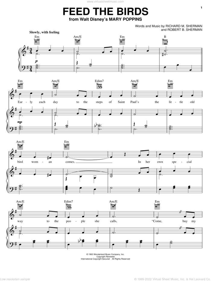 Feed The Birds (Tuppence A Bag) (from Mary Poppins) sheet music for voice, piano or guitar by Richard M. Sherman, Julie Andrews, Mary Poppins (Movie), Sherman Brothers and Robert B. Sherman, intermediate skill level