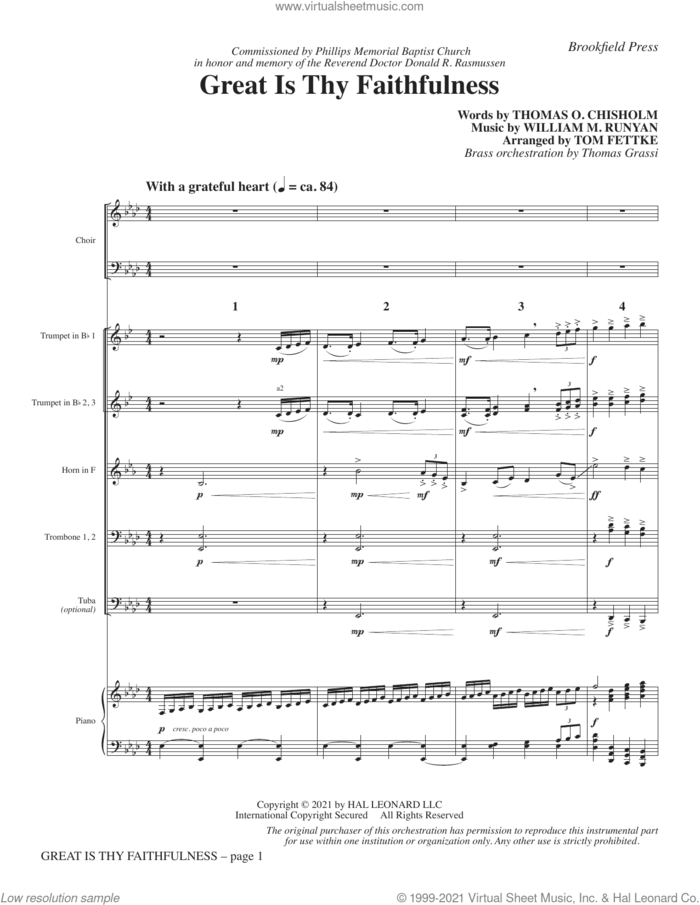 Great Is Thy Faithfulness (arr. Tom Fettke) (COMPLETE) sheet music for orchestra/band by Tom Fettke, Thomas O. Chisholm and William M. Runyan, intermediate skill level