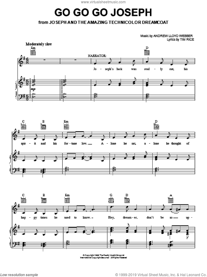 Go Go Go Joseph sheet music for voice, piano or guitar by Andrew Lloyd Webber, Joseph And The Amazing Technicolor Dreamcoat (Musical) and Tim Rice, intermediate skill level