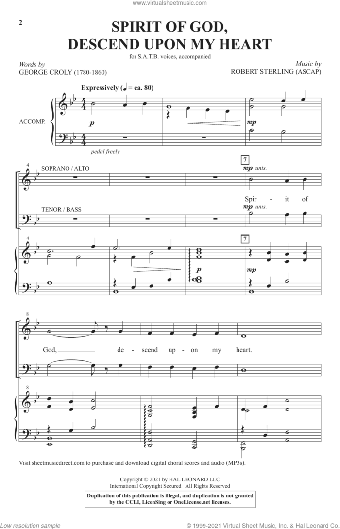 Spirit Of God, Descend Upon My Heart sheet music for choir (SATB: soprano, alto, tenor, bass) by Robert Sterling and George Croly, intermediate skill level