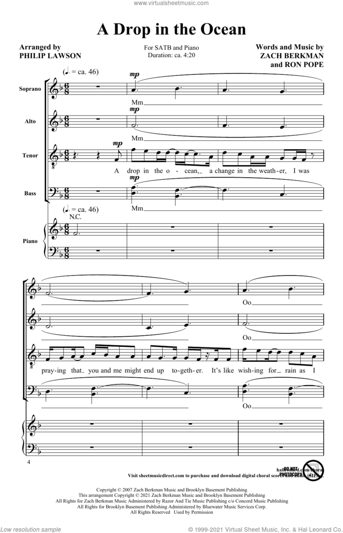 A Drop In The Ocean (arr. Philip Lawson) sheet music for choir (SATB: soprano, alto, tenor, bass) by Ron Pope, Philip Lawson, Phillip Lawson and Zach Berkman, intermediate skill level