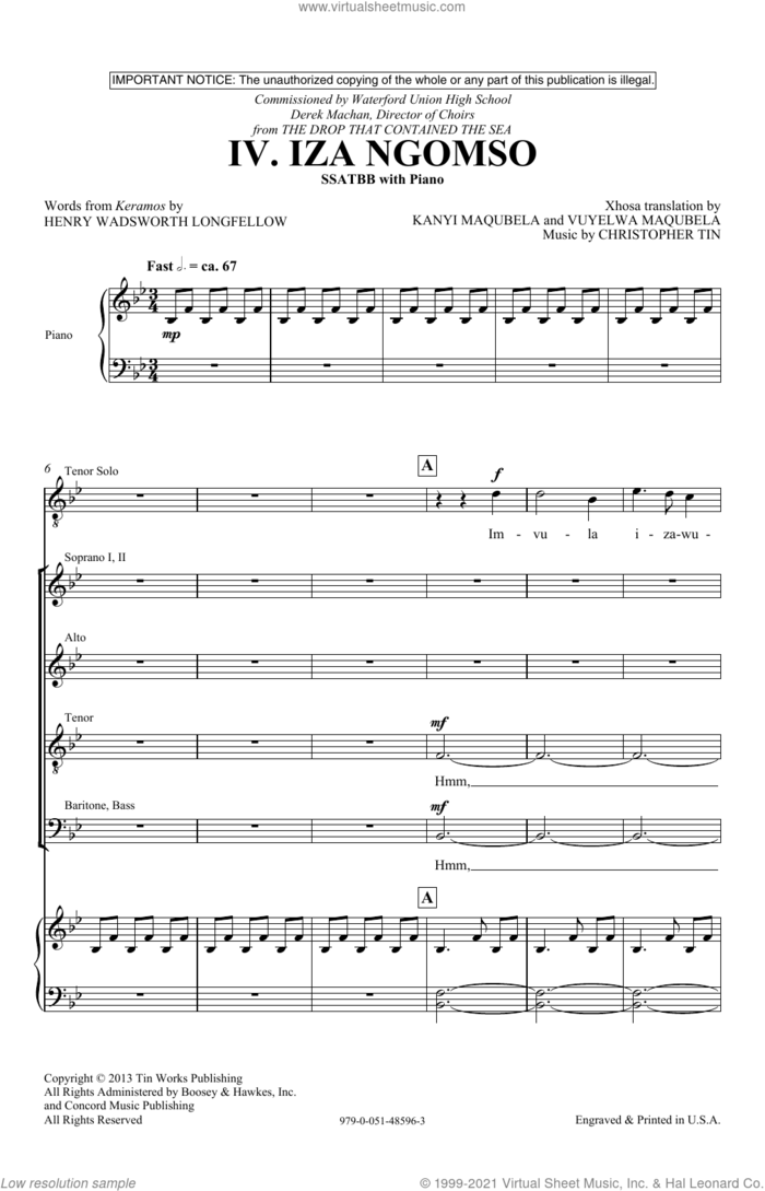Iza Ngomso sheet music for choir (SATB: soprano, alto, tenor, bass) by Christopher Tin, Henry Wadsworth Longfellow, Kanyi Maqubela (trans.) and Vuyelwa Maqubela (trans.), classical score, intermediate skill level