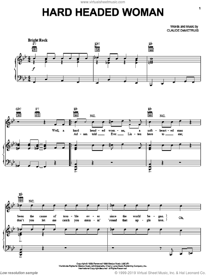 Hard Headed Woman sheet music for voice, piano or guitar by Elvis Presley and Claude DeMetruis, intermediate skill level