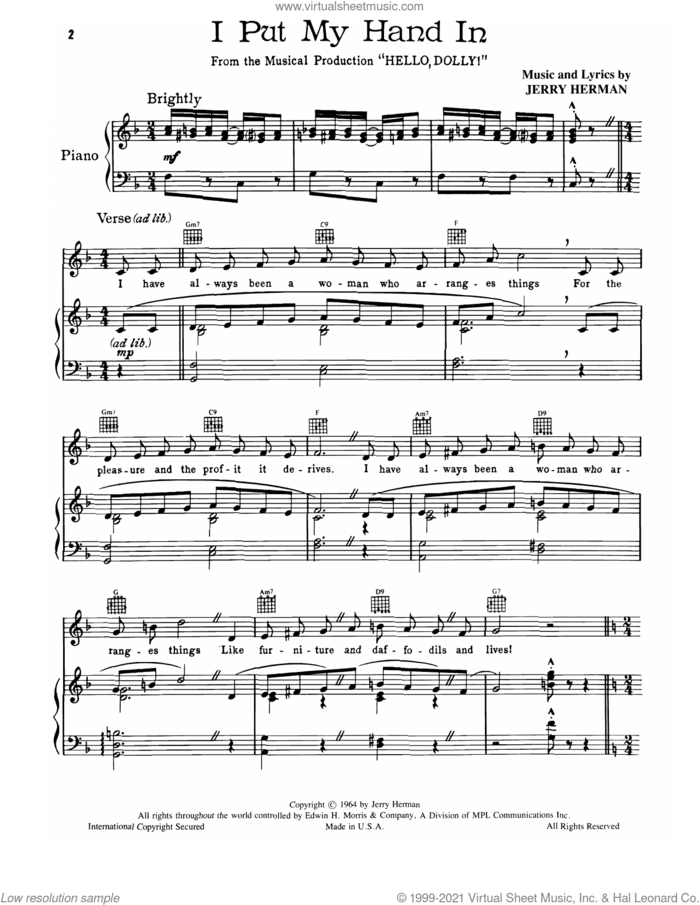 I Put My Hand In (from Hello, Dolly!) sheet music for voice, piano or guitar by Jerry Herman, intermediate skill level