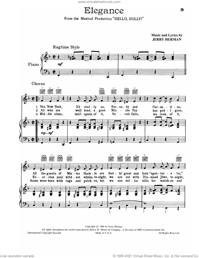Elegance (from Hello, Dolly!) sheet music for voice, piano or guitar by Jerry Herman, intermediate skill level