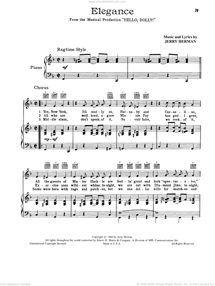 Elegance (from Hello, Dolly!) sheet music for voice, piano or guitar by Jerry Herman, intermediate skill level