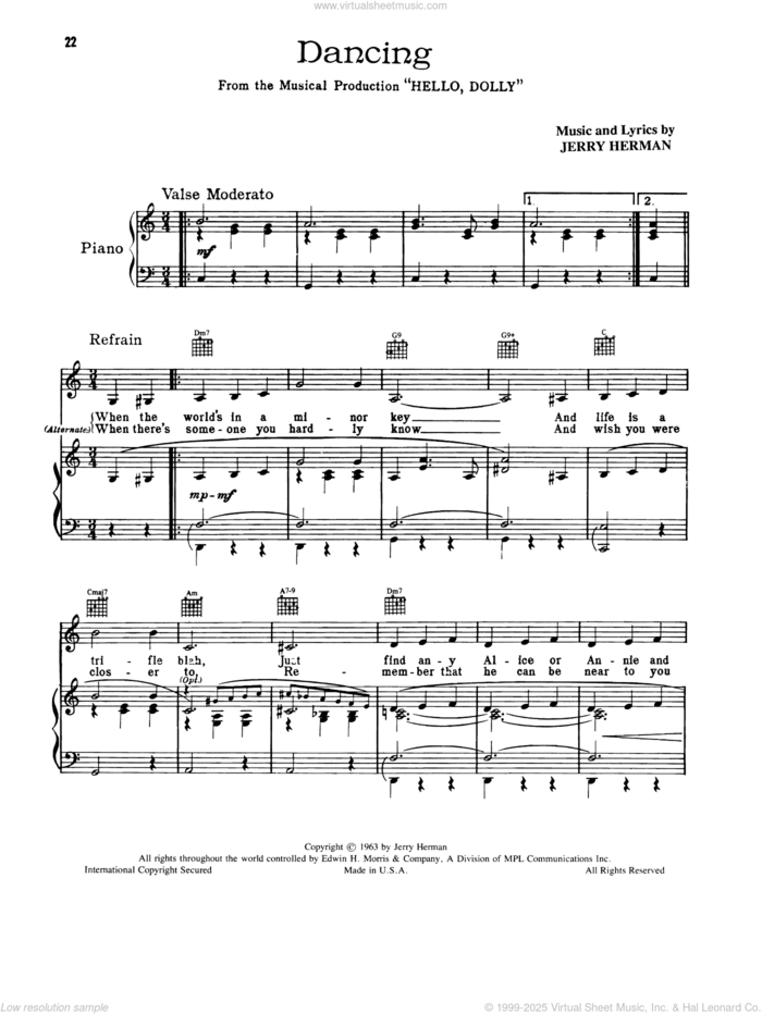 Dancing (from Hello, Dolly!) sheet music for voice, piano or guitar by Jerry Herman, intermediate skill level