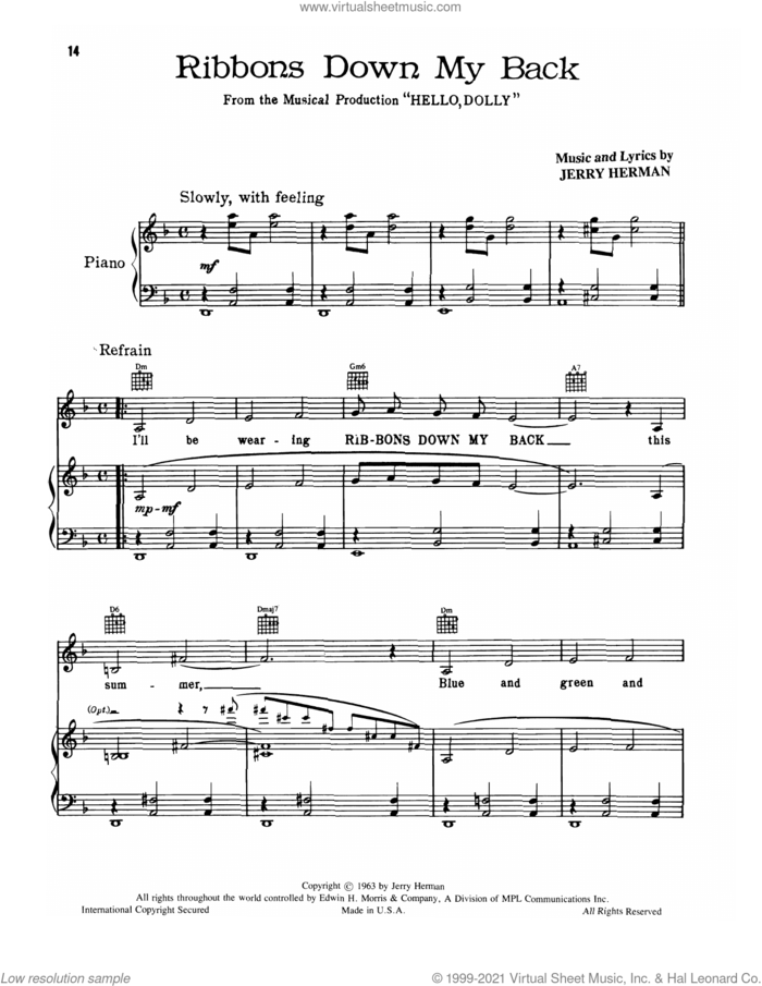 Ribbons Down My Back (from Hello, Dolly!) sheet music for voice, piano or guitar by Jerry Herman, intermediate skill level
