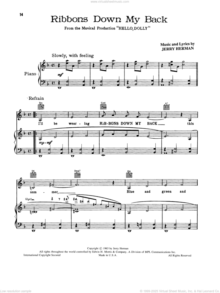 Ribbons Down My Back (from Hello, Dolly!) sheet music for voice, piano or guitar by Jerry Herman, intermediate skill level