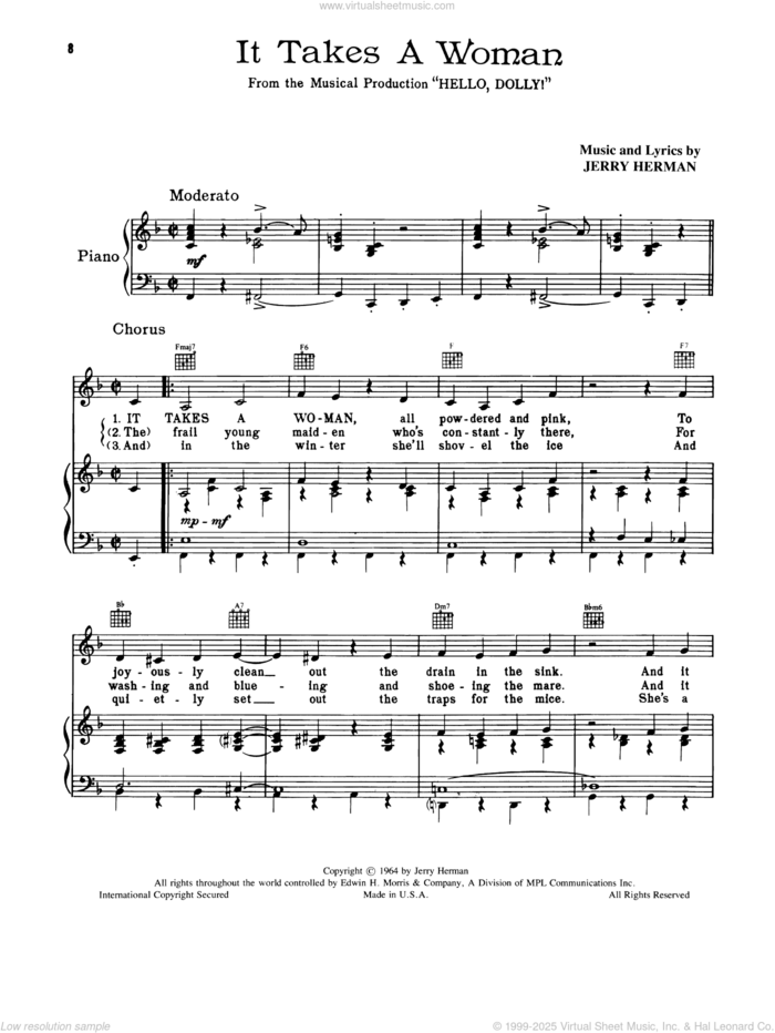 It Takes A Woman (from Hello, Dolly!) sheet music for voice, piano or guitar by Jerry Herman, intermediate skill level