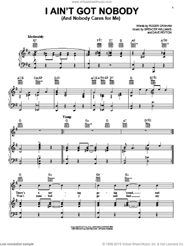I Ain't Got Nobody (And Nobody Cares For Me) sheet music for voice, piano or guitar by Bessie Smith, Dave Peyton, Roger Graham and Spencer Williams, intermediate skill level