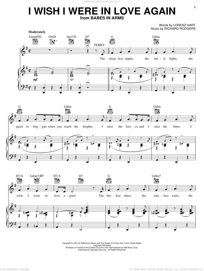 I Wish I Were In Love Again sheet music for voice, piano or guitar by Rodgers & Hart, Babes In Arms (Musical), Lorenz Hart and Richard Rodgers, intermediate skill level