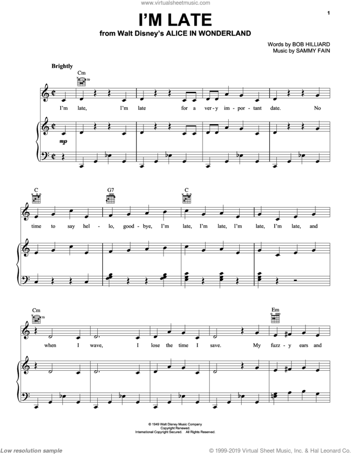 I'm Late (from Alice In Wonderland) sheet music for voice, piano or guitar by Sammy Fain and Bob Hilliard, intermediate skill level