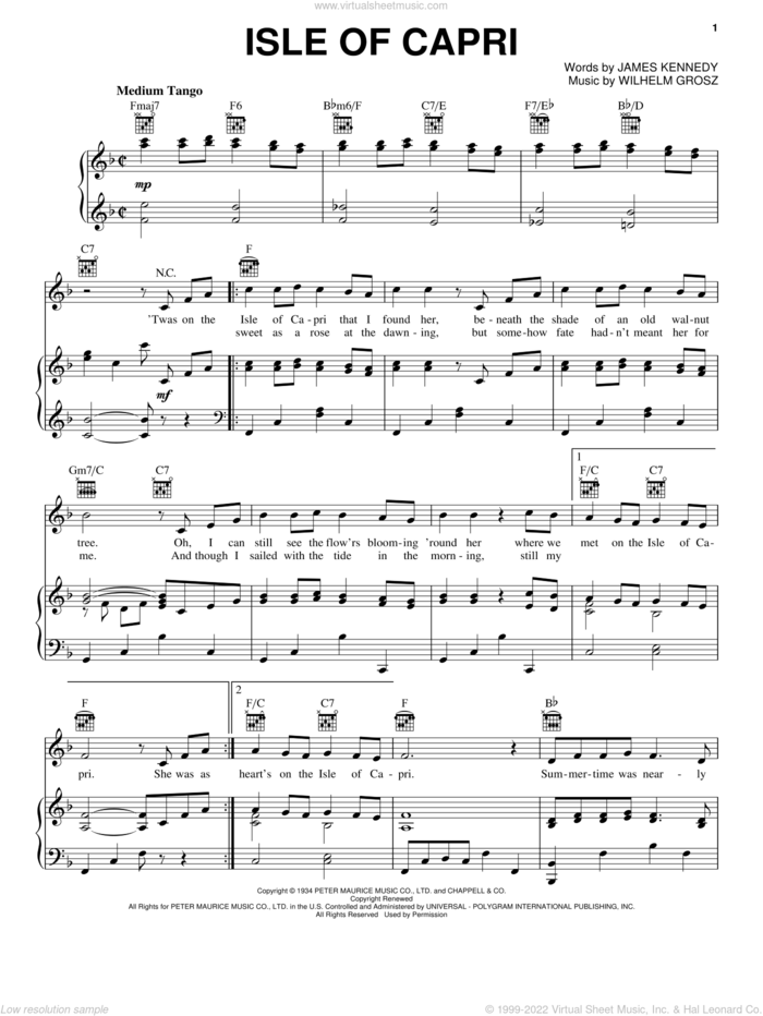 Isle Of Capri sheet music for voice, piano or guitar by Frank Sinatra, Jimmy Kennedy and Will Grosz, intermediate skill level
