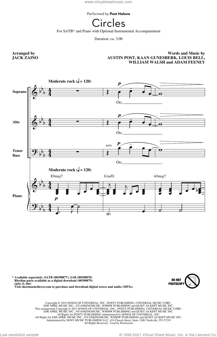 Circles (arr. Jack Zaino) sheet music for choir (SATB: soprano, alto, tenor, bass) by Post Malone, Jack Zaino, Adam Feeney, Austin Post, Kaan Gunesberk, Louis Bell and William Walsh, intermediate skill level