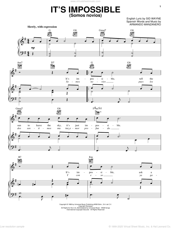 It's Impossible (Somos Novios) sheet music for voice, piano or guitar by Perry Como, Elvis Presley, Armando Manzanero and Sid Wayne, intermediate skill level