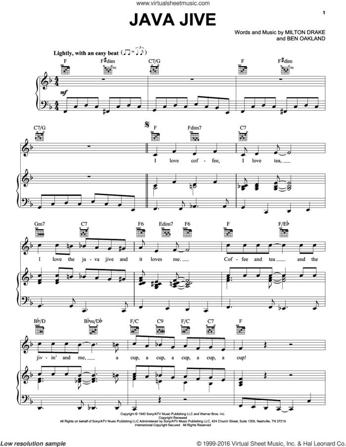 Java Jive sheet music for voice, piano or guitar by The Ink Spots, Ben Oakland and Milton Drake, intermediate skill level