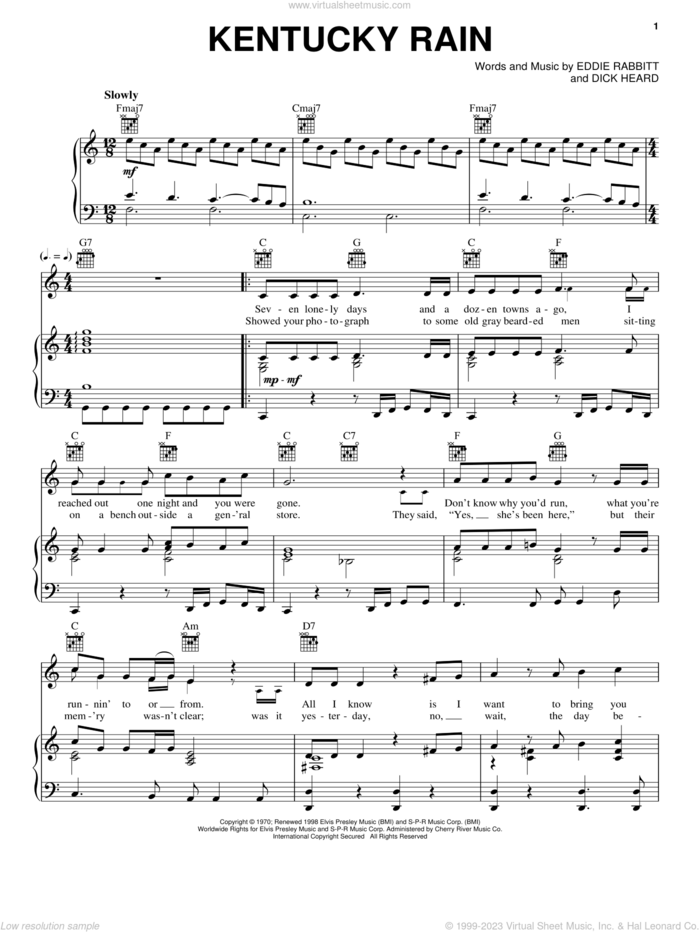 Kentucky Rain sheet music for voice, piano or guitar by Elvis Presley, Dick Heard and Eddie Rabbitt, intermediate skill level