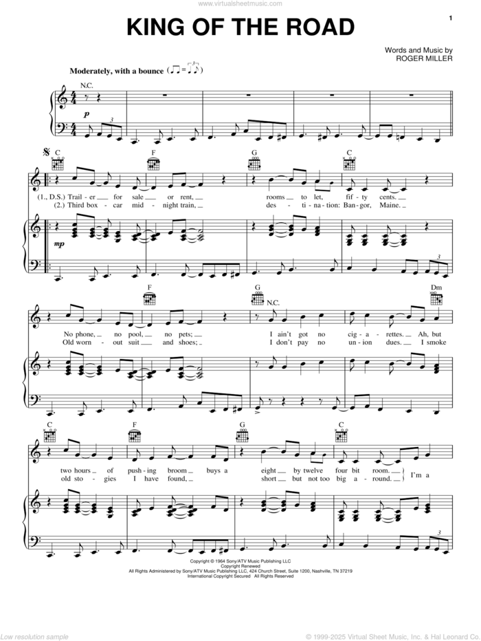 King Of The Road sheet music for voice, piano or guitar by Roger Miller and Randy Travis, intermediate skill level