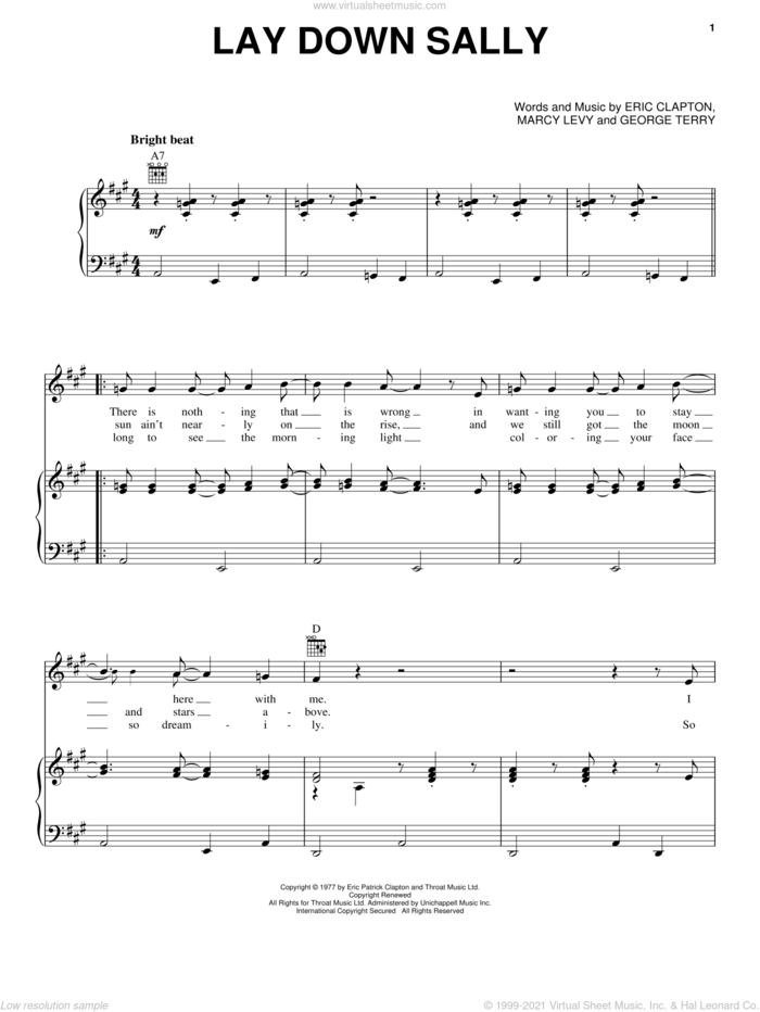 Lay Down Sally sheet music for voice, piano or guitar by Eric Clapton, George Terry and Marcy Levy, intermediate skill level