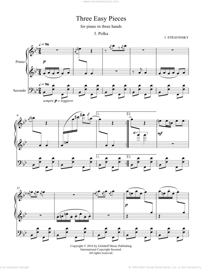 Three Easy Pieces for piano in three hands 3. Polka sheet music for piano four hands by Igor Stravinsky and Ruslan Gulidov, classical score, intermediate skill level