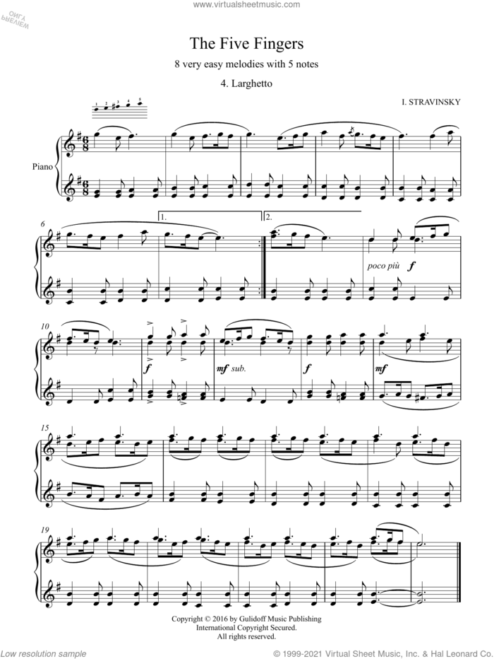 Five Fingers: 4. Larghetto sheet music for piano solo by Igor Stravinsky and Ruslan Gulidov, classical score, intermediate skill level