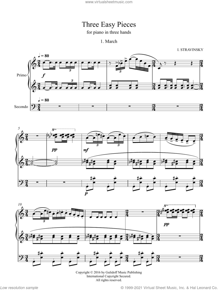 Three Easy Pieces for piano in three hands 1. March sheet music for piano four hands by Igor Stravinsky and Ruslan Gulidov, classical score, intermediate skill level
