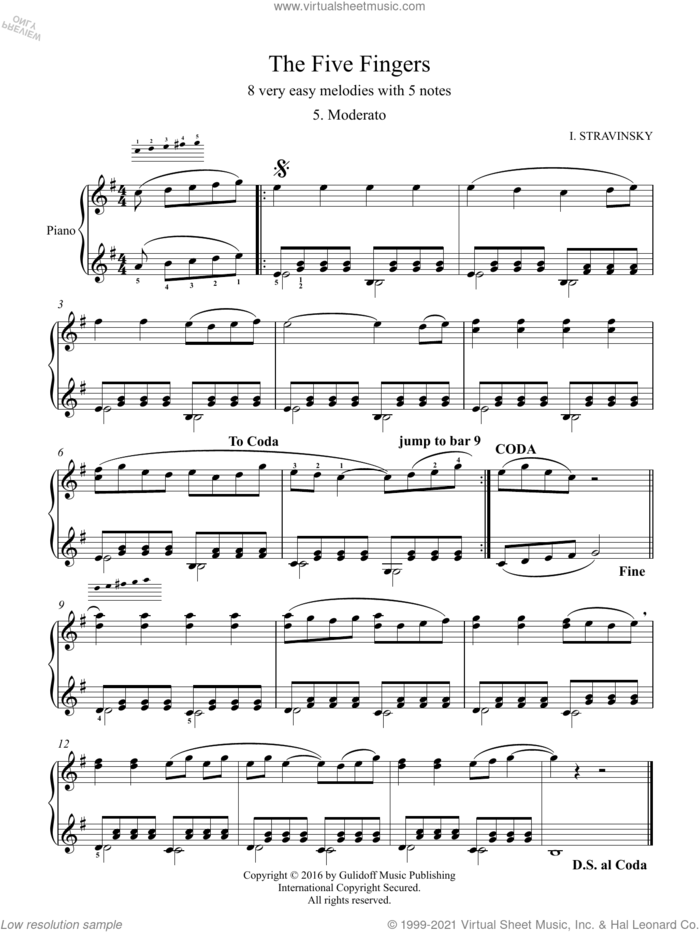 Five Fingers: 5. Moderato sheet music for piano solo by Igor Stravinsky and Ruslan Gulidov, classical score, intermediate skill level