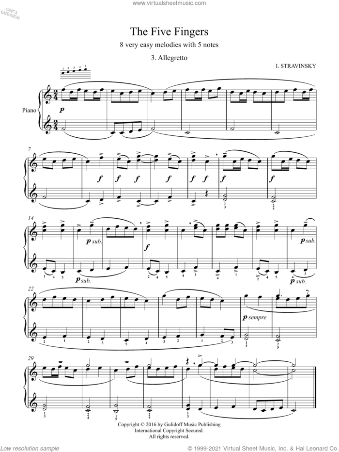 Five Fingers: 3. Allegretto sheet music for piano solo by Igor Stravinsky and Ruslan Gulidov, classical score, intermediate skill level