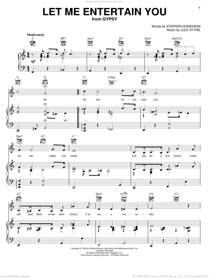 Let Me Entertain You sheet music for voice, piano or guitar by Stephen Sondheim, Gypsy (Musical) and Jule Styne, intermediate skill level