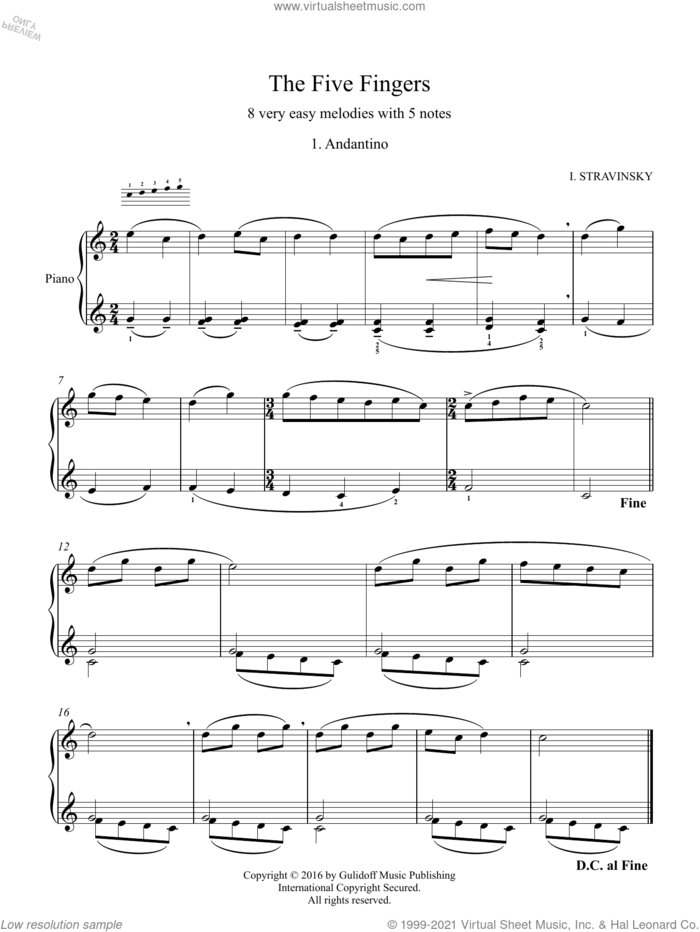 Five Fingers: 1. Andantino sheet music for piano solo by Igor Stravinsky and Ruslan Gulidov, classical score, intermediate skill level